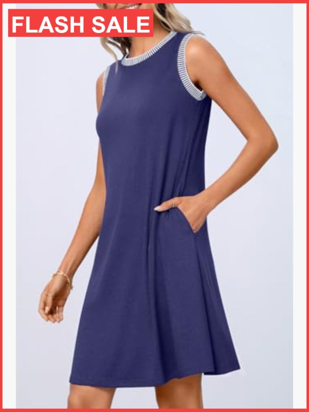 Womens Casual Summer Dress Crewneck Sleeveless Tank Shift Swing Sundress - Picture 2 of 7